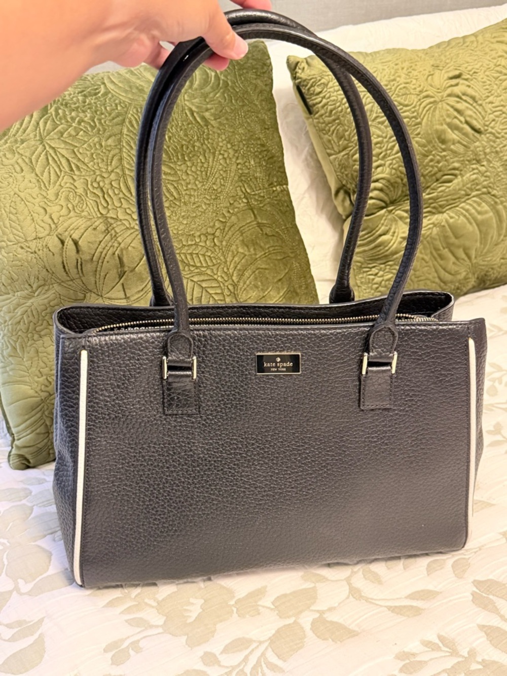 kate spade Black Pebbled Leather Tote with White Trim